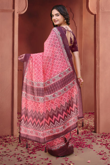 Pink Geometric Print Linen Cotton Saree with Maroon Borders for Women