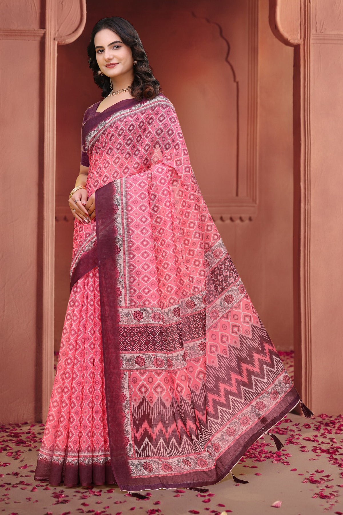 Pink Geometric Print Linen Cotton Saree with Maroon Borders for Women