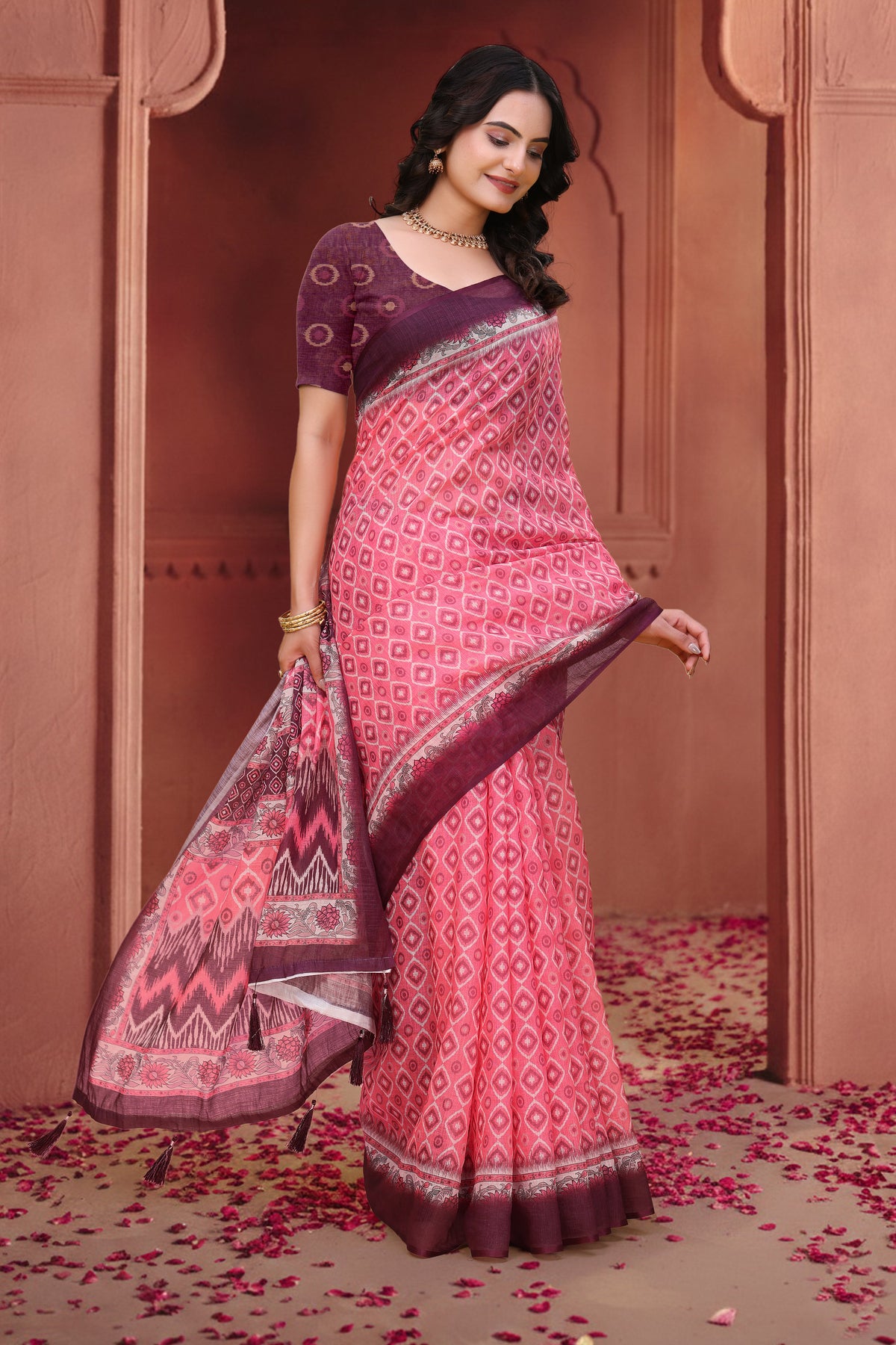 Pink Geometric Print Linen Cotton Saree with Maroon Borders for Women