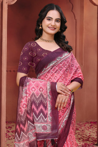 Pink Geometric Print Linen Cotton Saree with Maroon Borders for Women