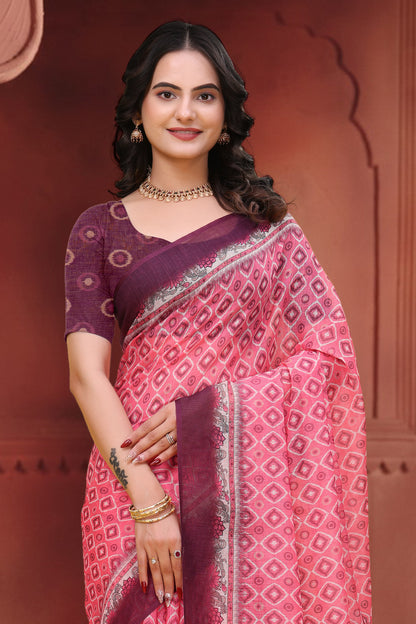 Pink Geometric Print Linen Cotton Saree with Maroon Borders for Women