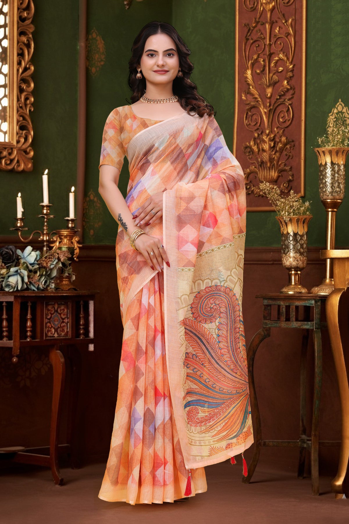 Peach Multicolor Linen Cotton Saree with Paisley Pallu for Women