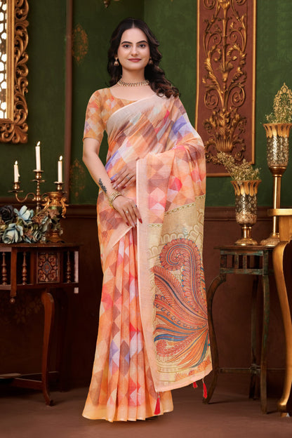 Peach Multicolor Linen Cotton Saree with Paisley Pallu for Women