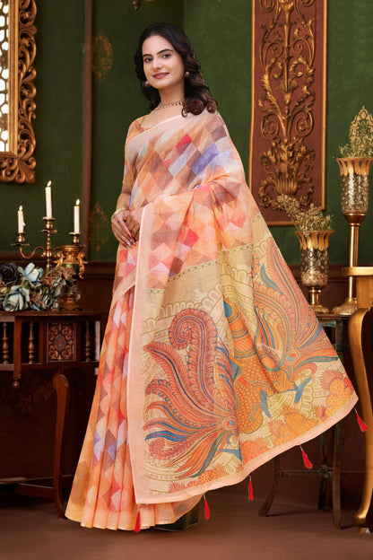Peach Multicolor Linen Cotton Saree with Paisley Pallu for Women