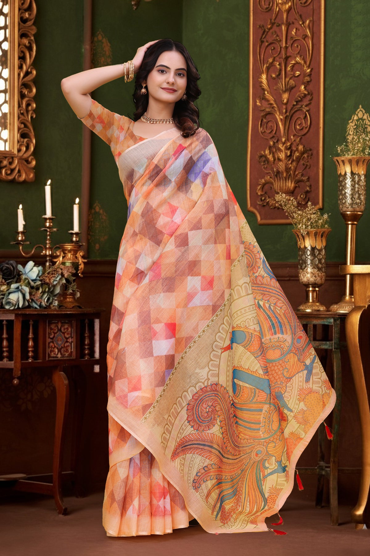 Peach Multicolor Linen Cotton Saree with Paisley Pallu for Women