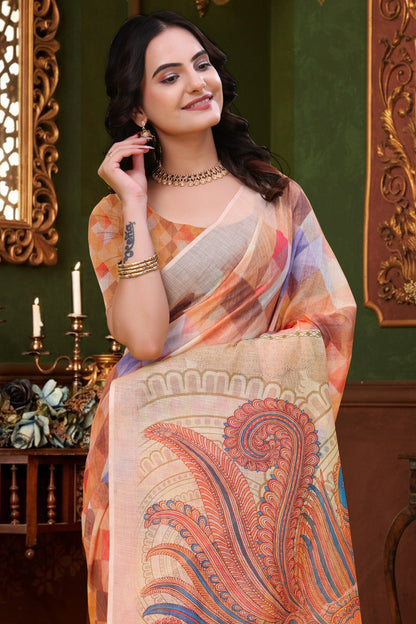 Peach Multicolor Linen Cotton Saree with Paisley Pallu for Women