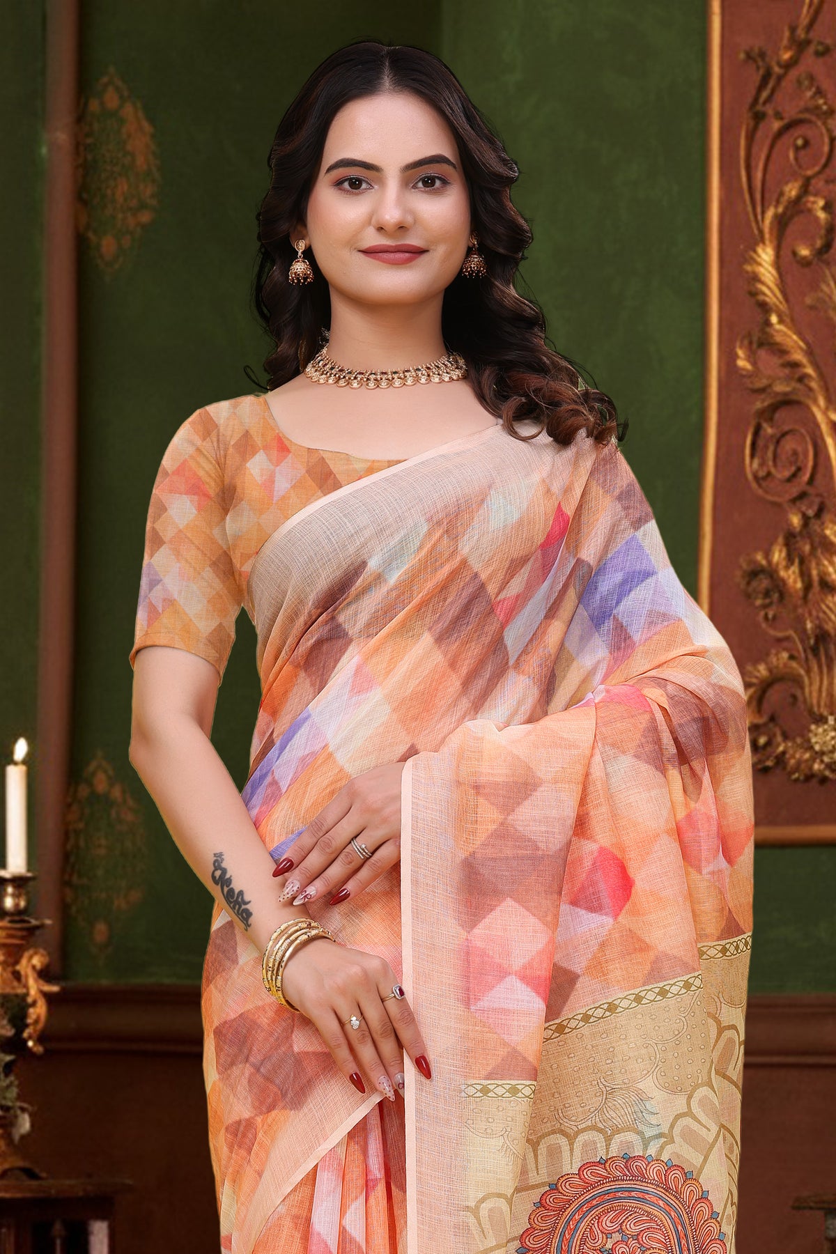 Peach Multicolor Linen Cotton Saree with Paisley Pallu for Women