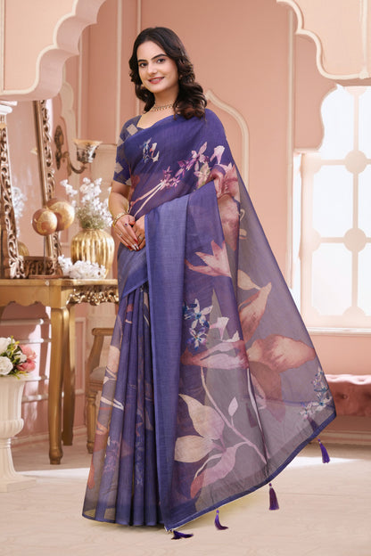 Lavender Floral Linen Cotton Saree with Blouse for Women