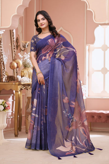 Lavender Floral Linen Cotton Saree with Blouse for Women