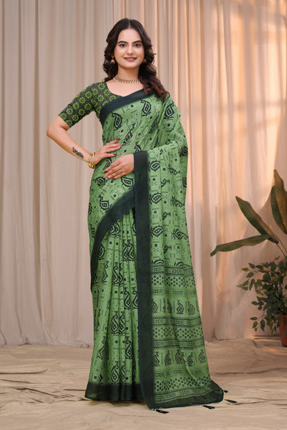 Olive Green Linen Cotton Printed Saree with Dark Border for Women