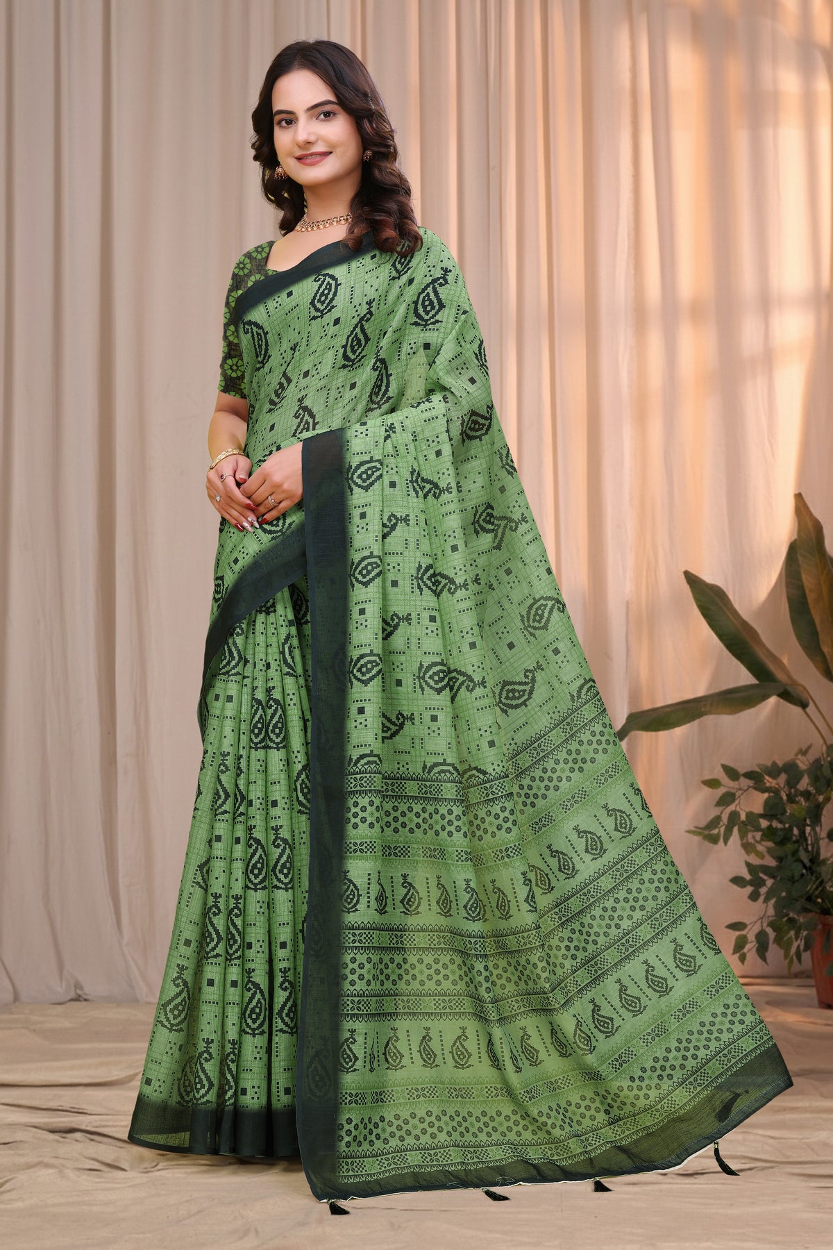 Olive Green Linen Cotton Printed Saree with Dark Border for Women