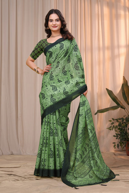 Olive Green Linen Cotton Printed Saree with Dark Border for Women