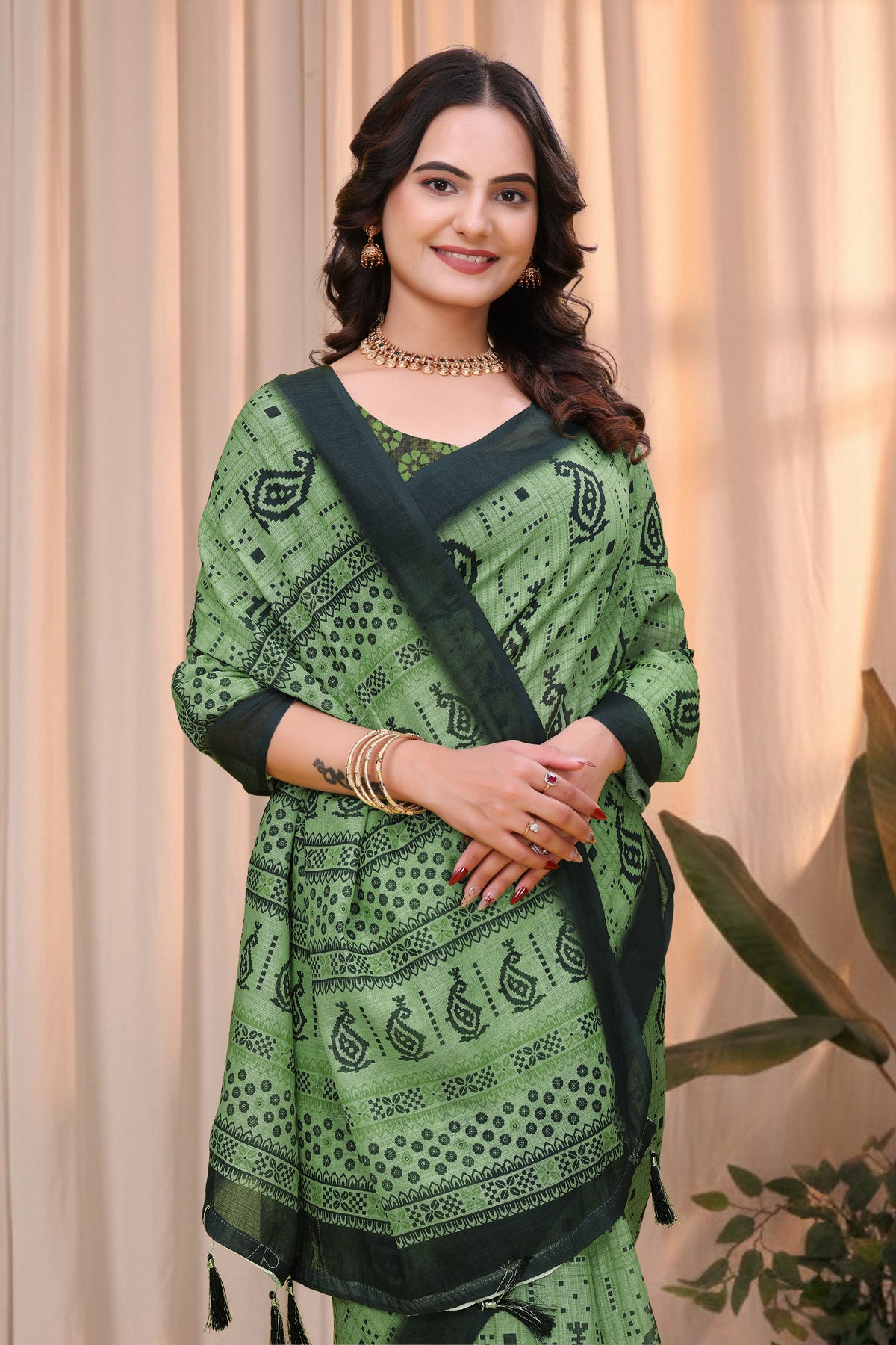 Olive Green Linen Cotton Printed Saree with Dark Border for Women