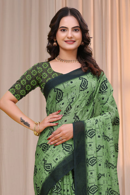 Olive Green Linen Cotton Printed Saree with Dark Border for Women