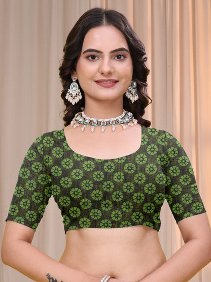 Olive Green Linen Cotton Printed Saree with Dark Border for Women