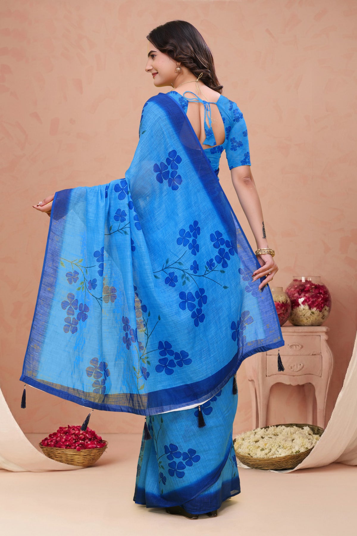 Blue Linen Cotton Floral Print Saree with Plain Dark Border for Women