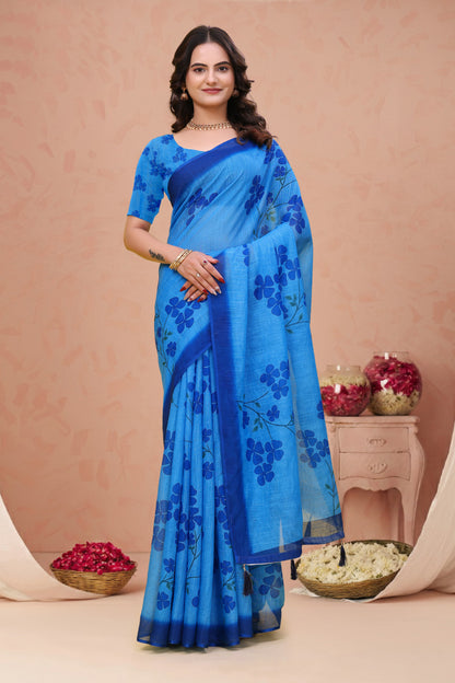 Blue Linen Cotton Floral Print Saree with Plain Dark Border for Women