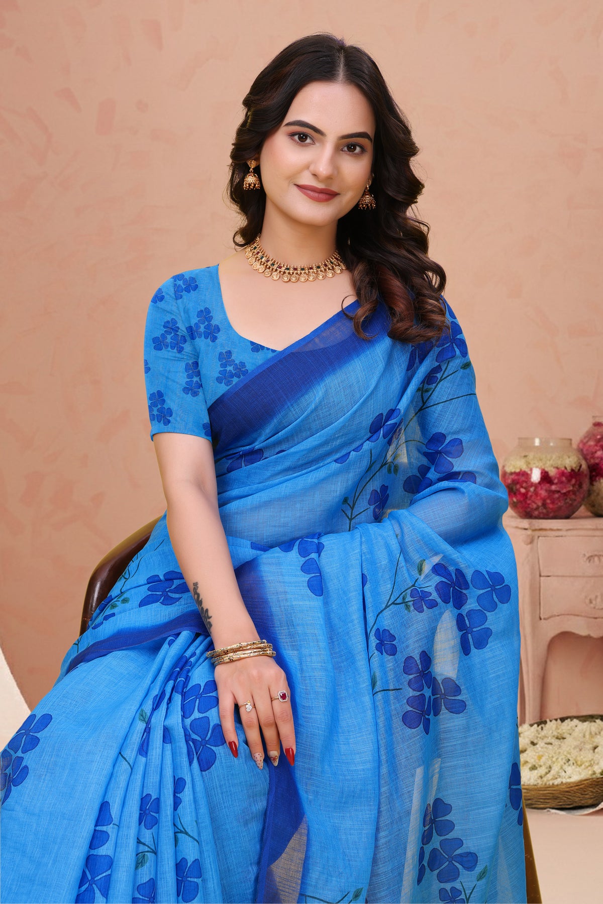 Blue Linen Cotton Floral Print Saree with Plain Dark Border for Women