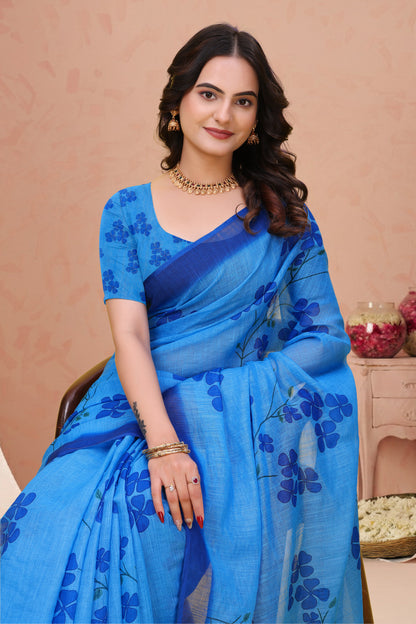 Blue Linen Cotton Floral Print Saree with Plain Dark Border for Women