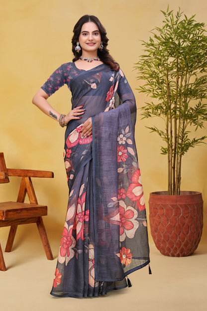 Charcoal Grey Linen Cotton Floral Saree with Printed Border for Women