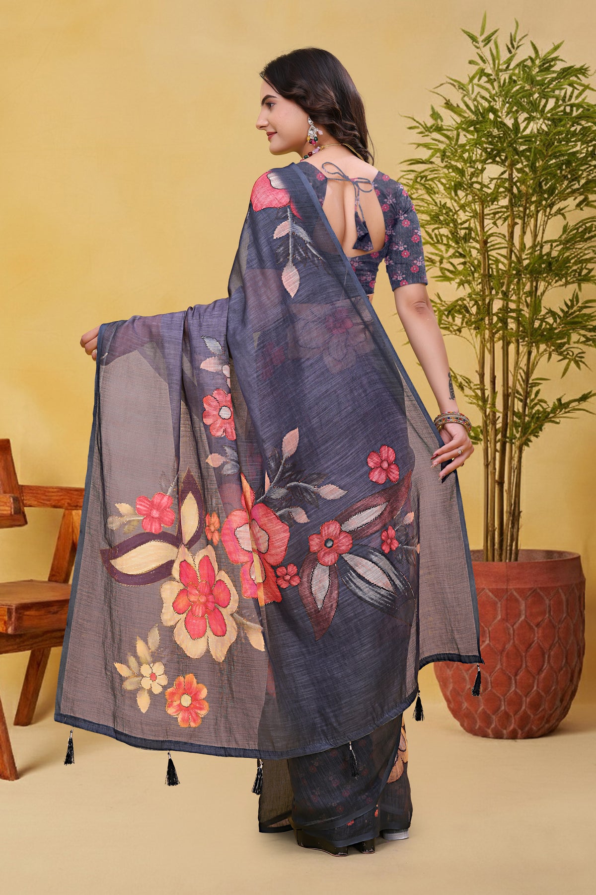 Charcoal Grey Linen Cotton Floral Saree with Printed Border for Women