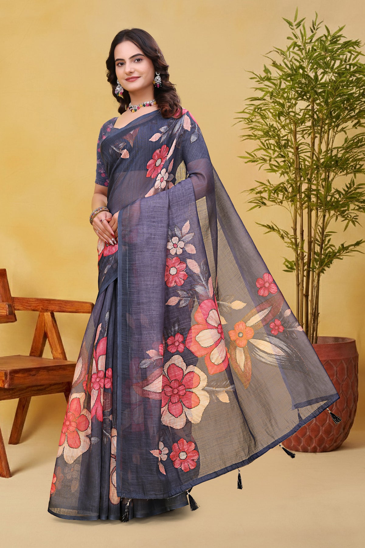 Charcoal Grey Linen Cotton Floral Saree with Printed Border for Women