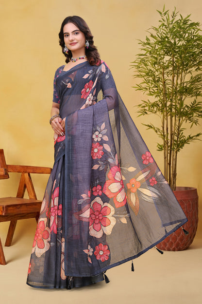 Charcoal Grey Linen Cotton Floral Saree with Printed Border for Women