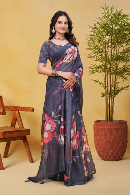 Charcoal Grey Linen Cotton Floral Saree with Printed Border for Women