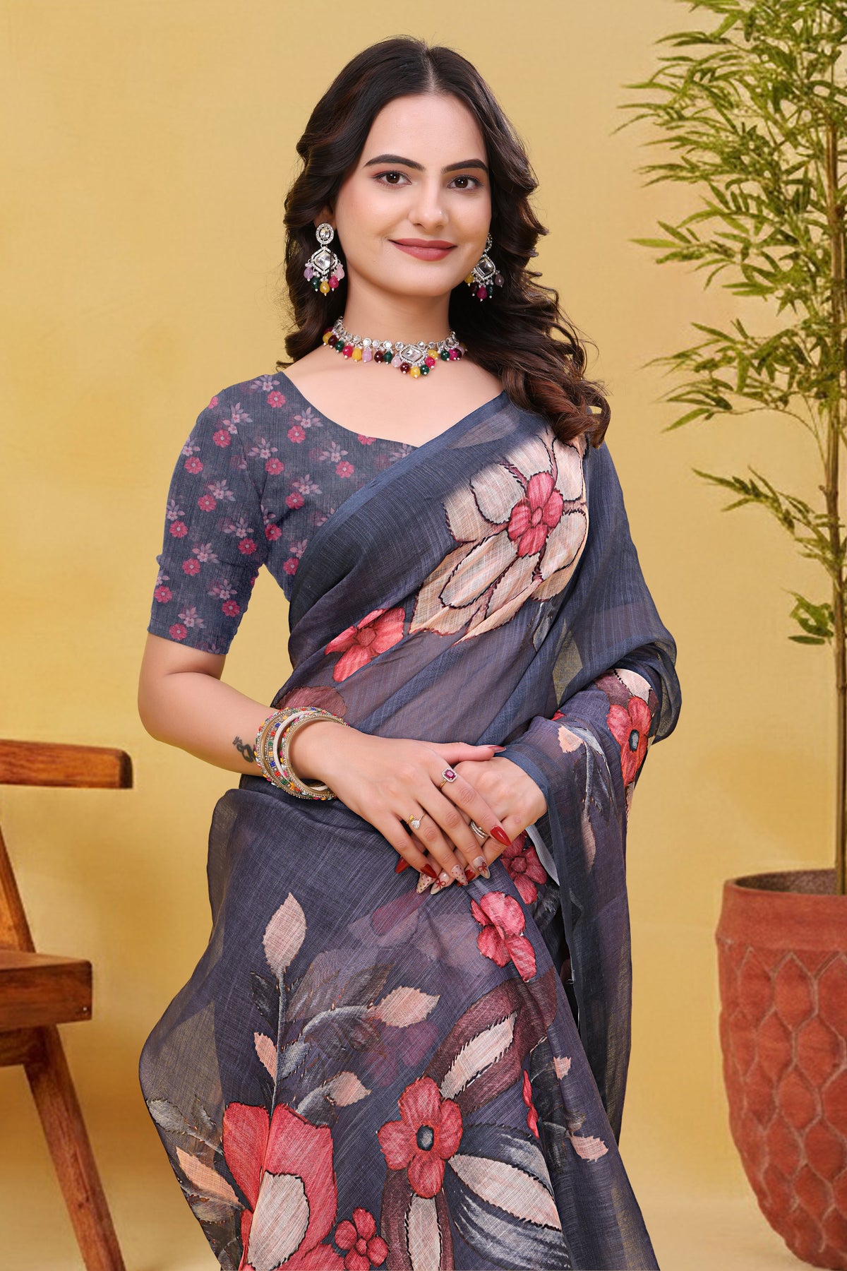Charcoal Grey Linen Cotton Floral Saree with Printed Border for Women