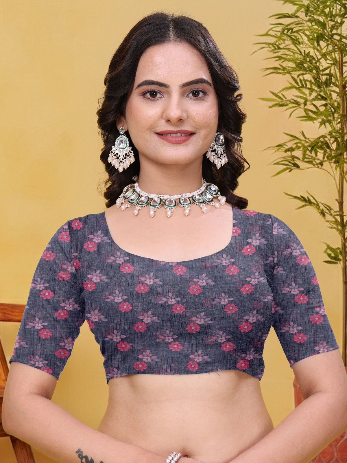 Charcoal Grey Linen Cotton Floral Saree with Printed Border for Women