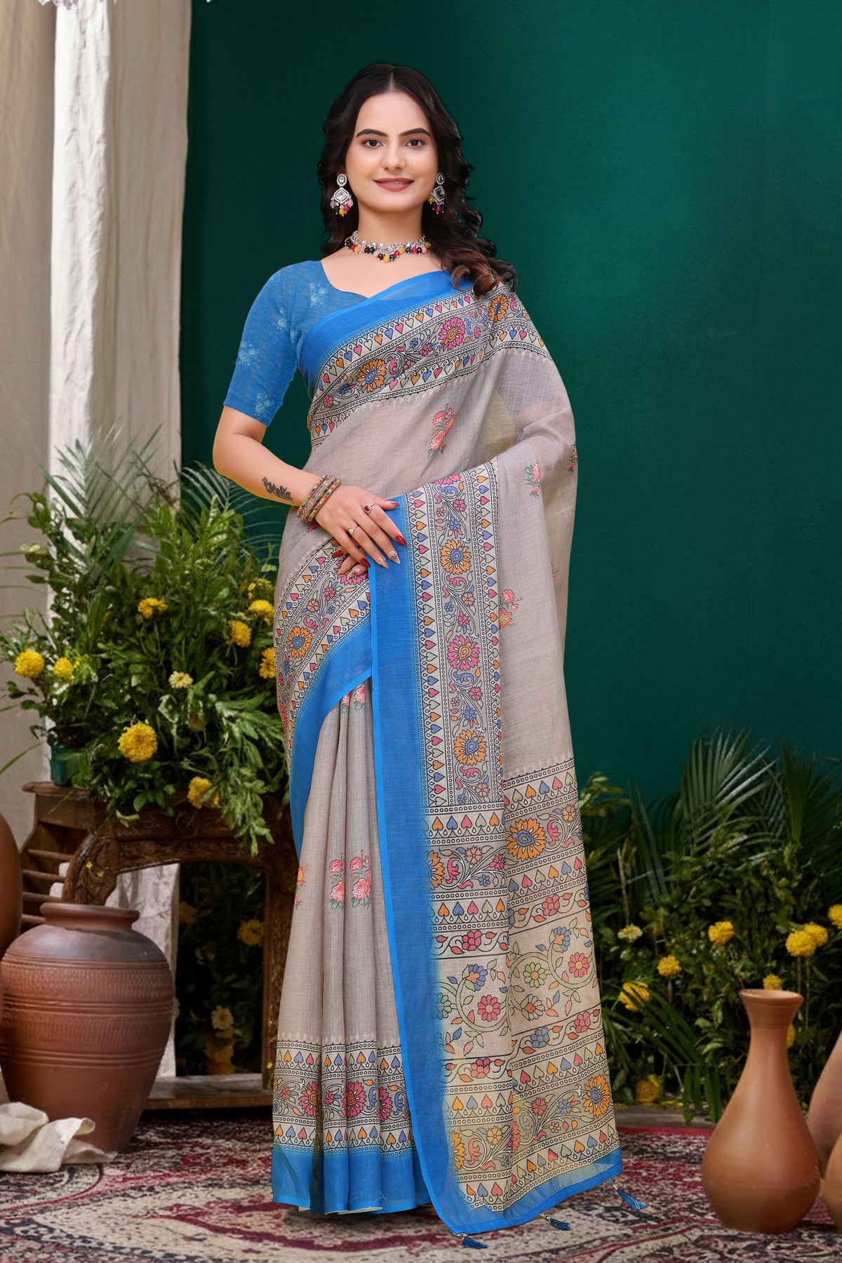 Grey Floral Printed Linen Cotton Saree with Blue Border Art for Women