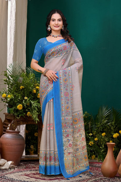 Grey Floral Printed Linen Cotton Saree with Blue Border Art for Women