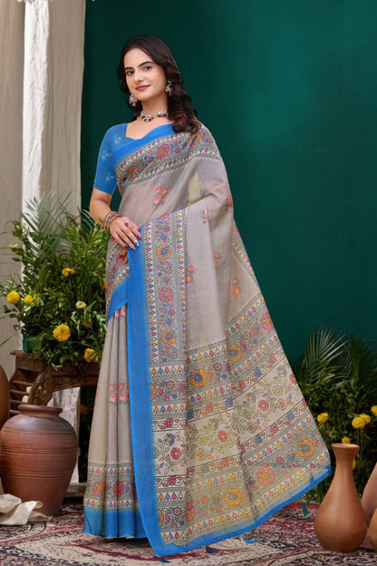 Grey Floral Printed Linen Cotton Saree with Blue Border Art for Women
