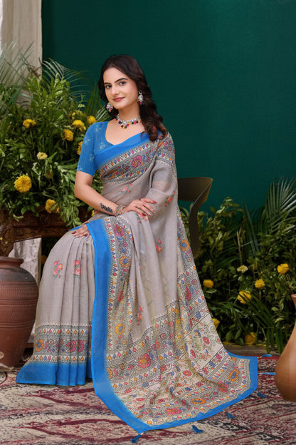 Grey Floral Printed Linen Cotton Saree with Blue Border Art for Women