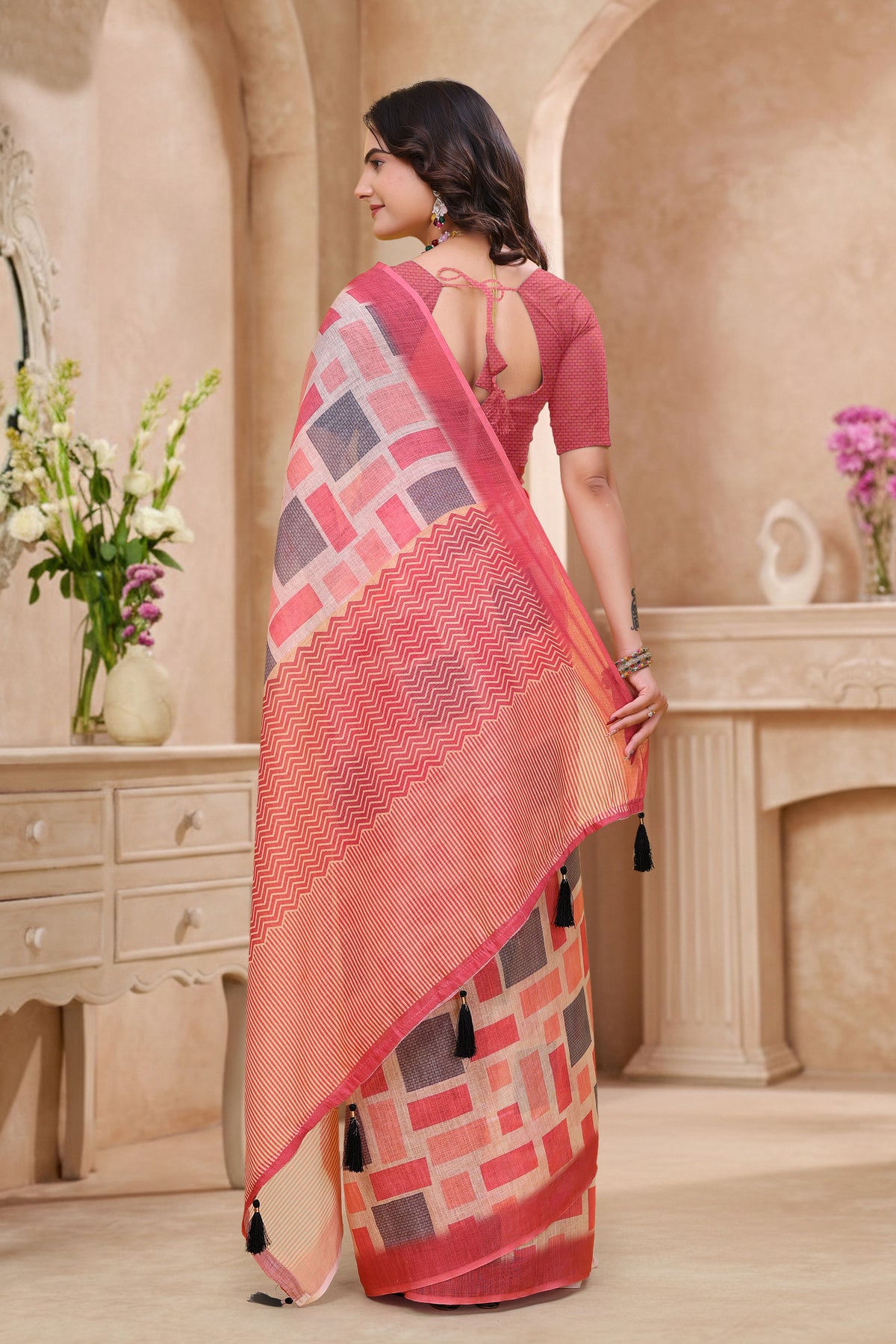 Coral Pink Geometric Printed Linen Cotton Saree ! for Women