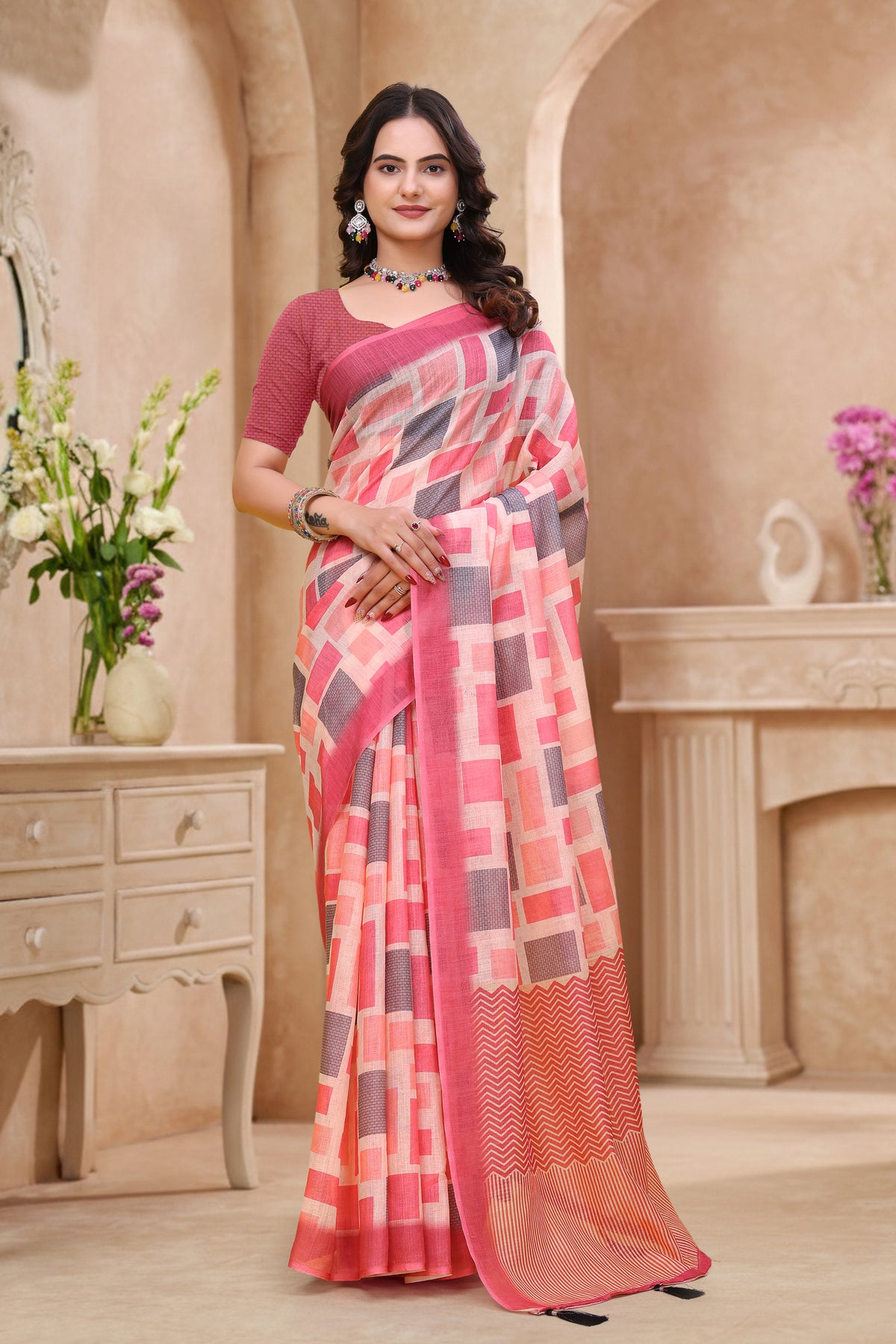 Coral Pink Geometric Printed Linen Cotton Saree ! for Women