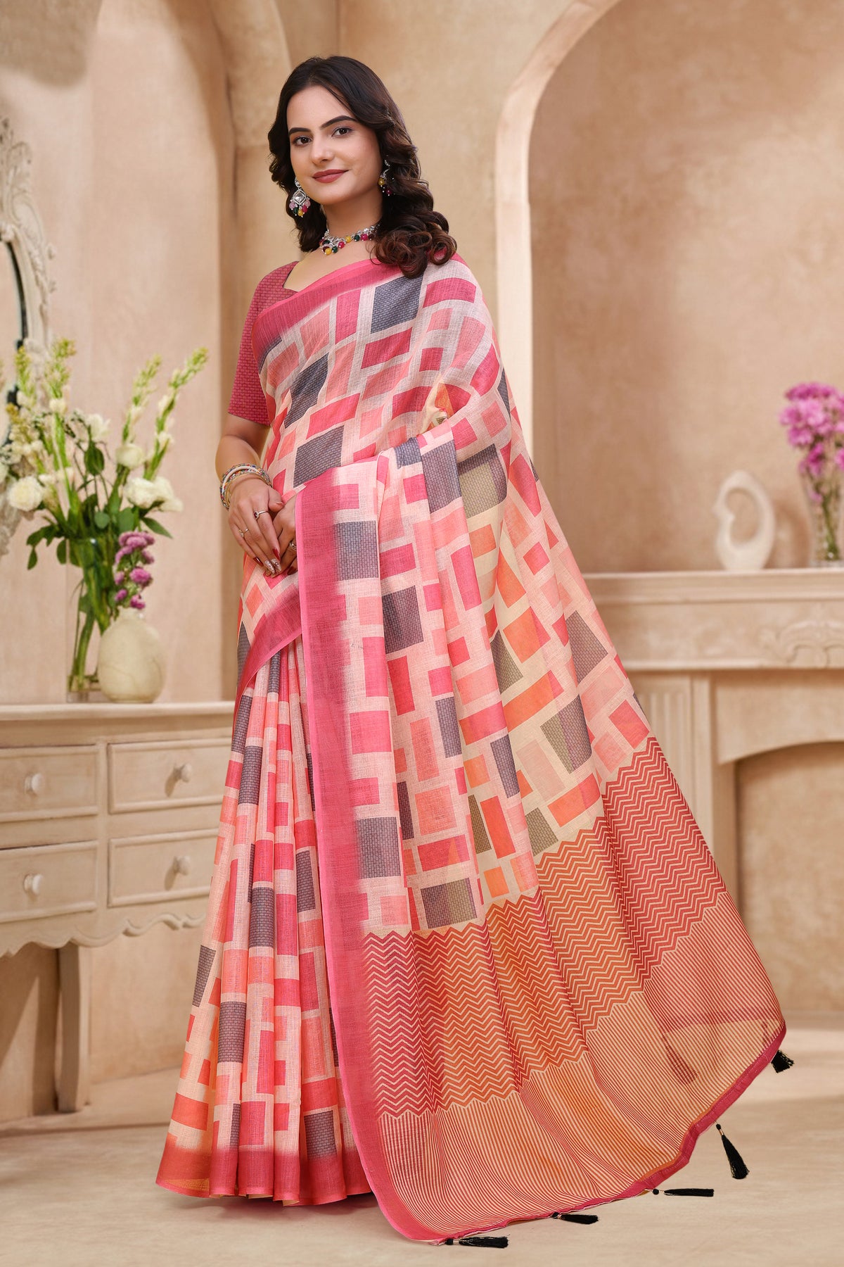 Coral Pink Geometric Printed Linen Cotton Saree ! for Women