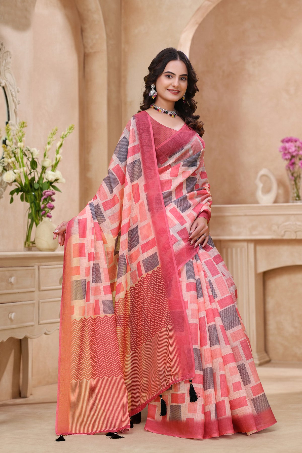 Coral Pink Geometric Printed Linen Cotton Saree ! for Women