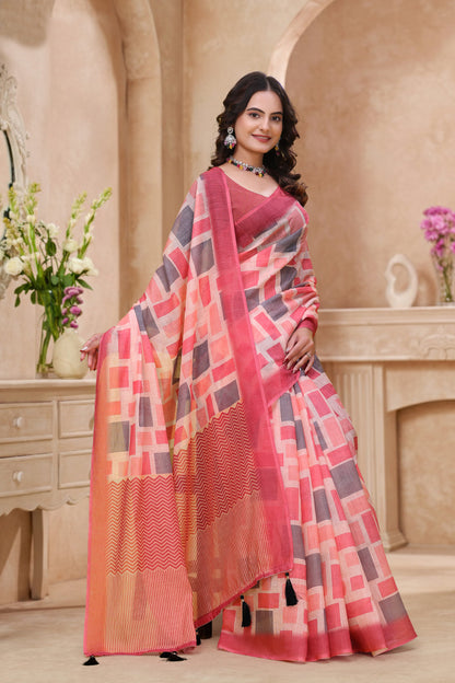 Coral Pink Geometric Printed Linen Cotton Saree ! for Women