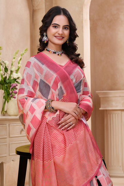 Coral Pink Geometric Printed Linen Cotton Saree ! for Women