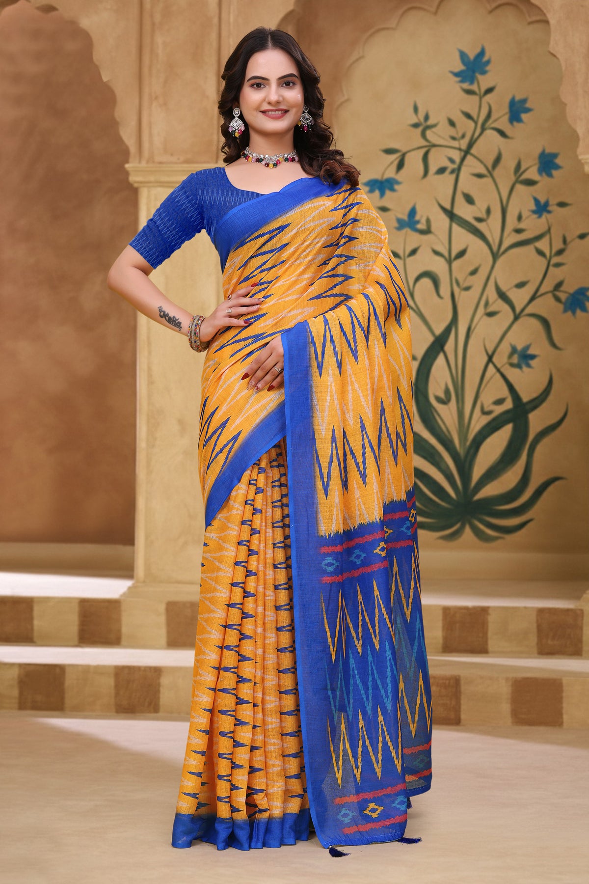 Mustard Blue Ikat Print Linen Cotton Saree with Borders for Women