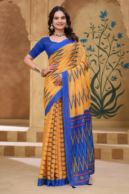Mustard Blue Ikat Print Linen Cotton Saree with Borders for Women