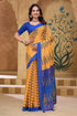 Mustard Blue Ikat Print Linen Cotton Saree with Borders for Women