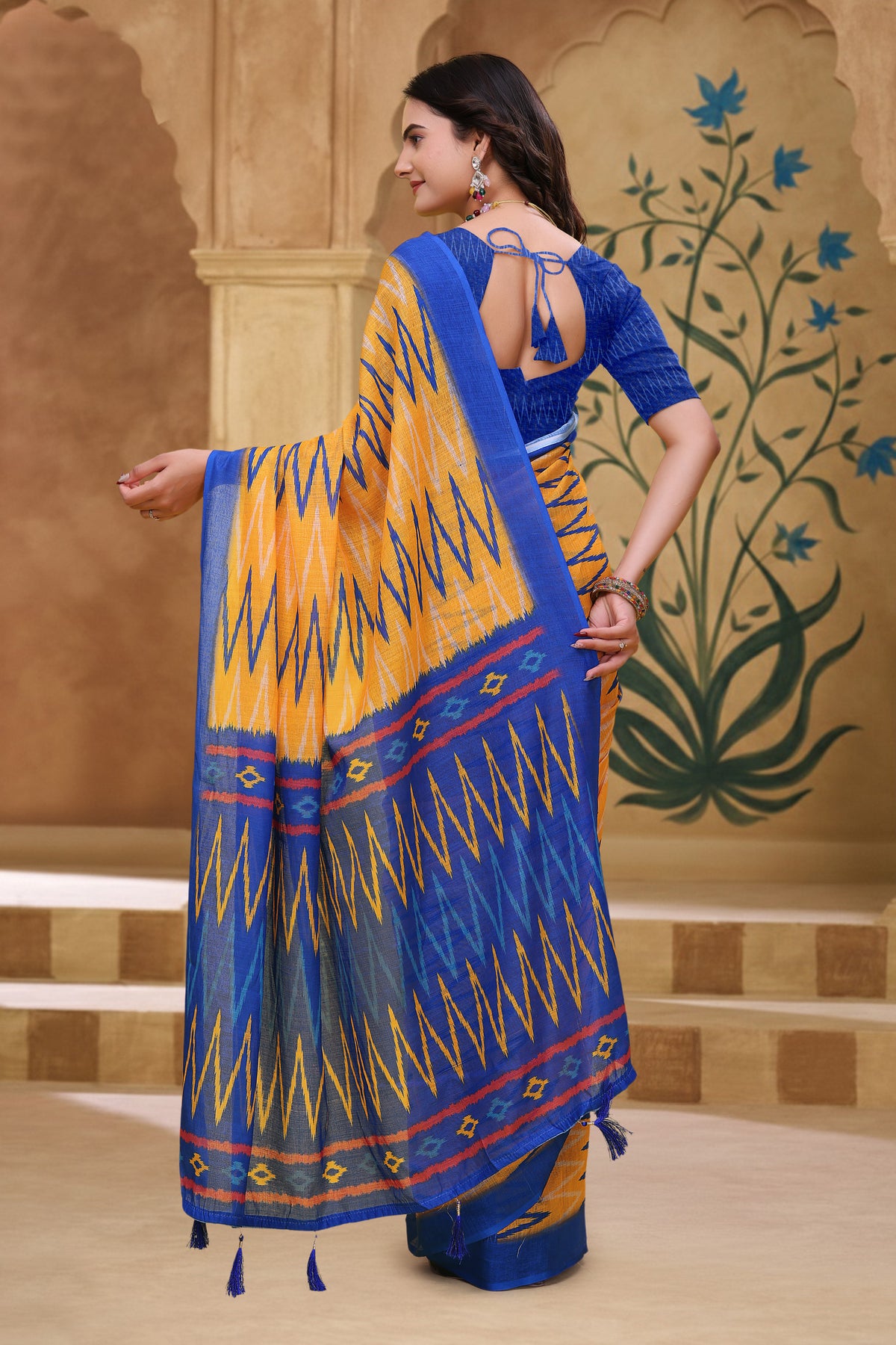 Mustard Blue Ikat Print Linen Cotton Saree with Borders for Women
