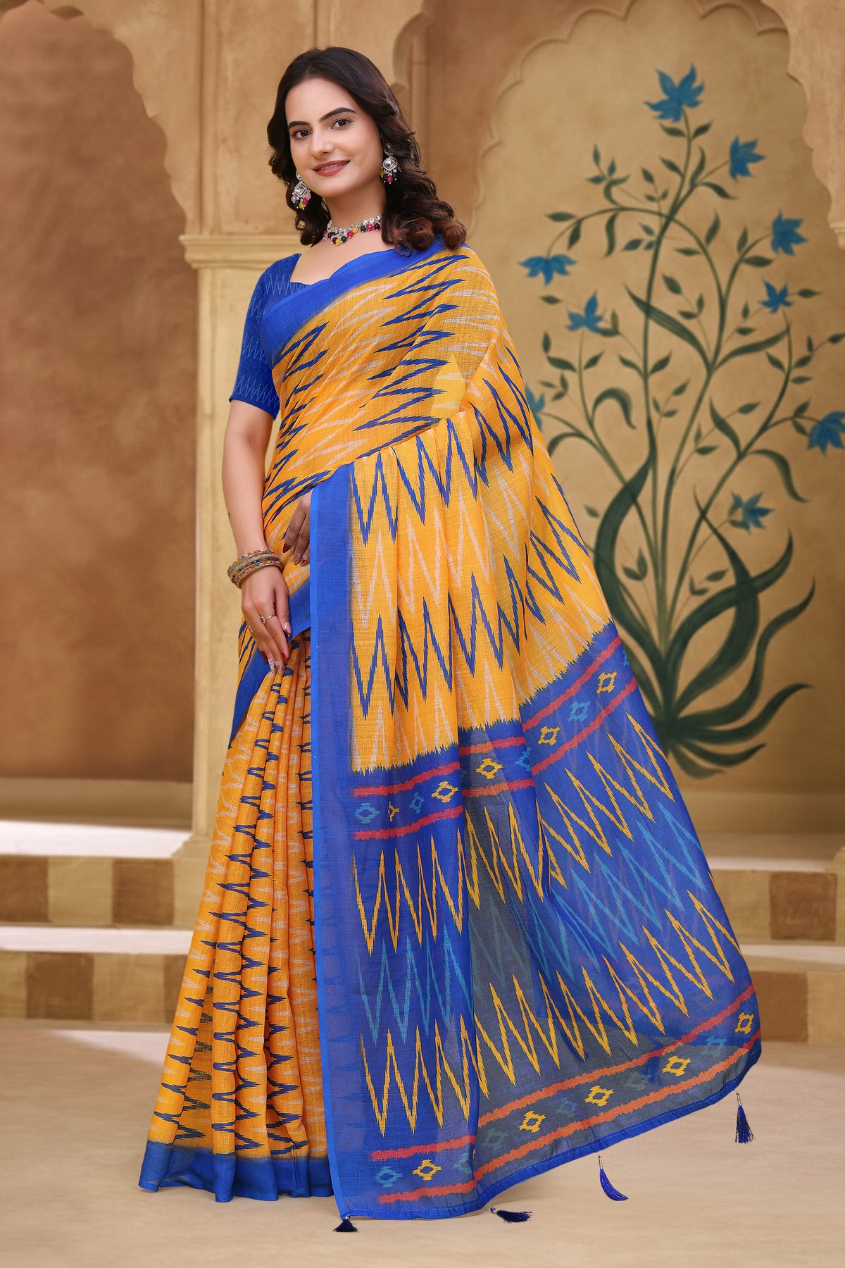 Mustard Blue Ikat Print Linen Cotton Saree with Borders for Women
