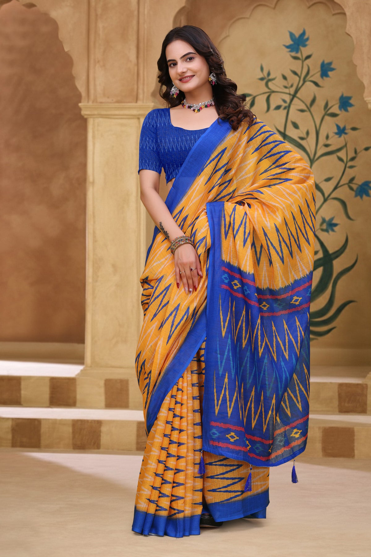 Mustard Blue Ikat Print Linen Cotton Saree with Borders for Women