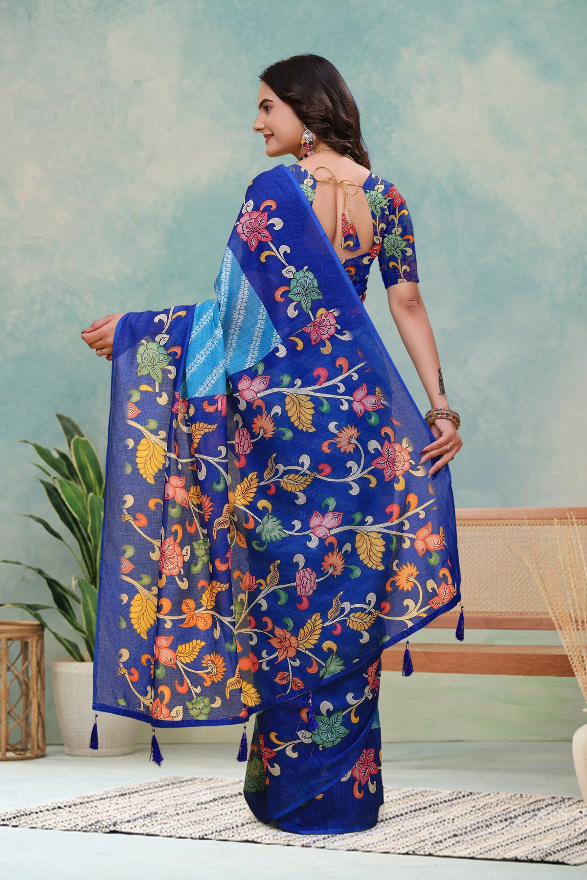 Royal Blue Floral Print Linen Cotton Saree for Women