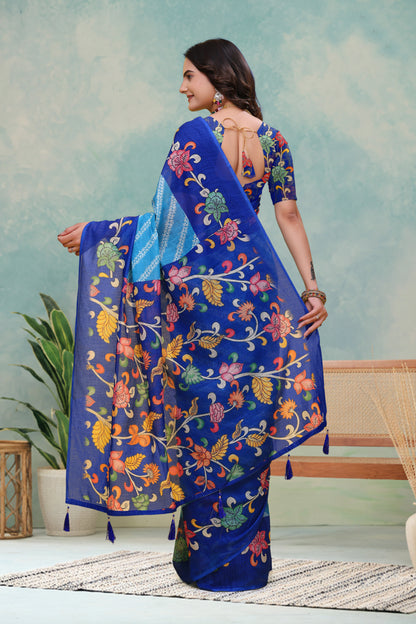 Royal Blue Floral Print Linen Cotton Saree for Women