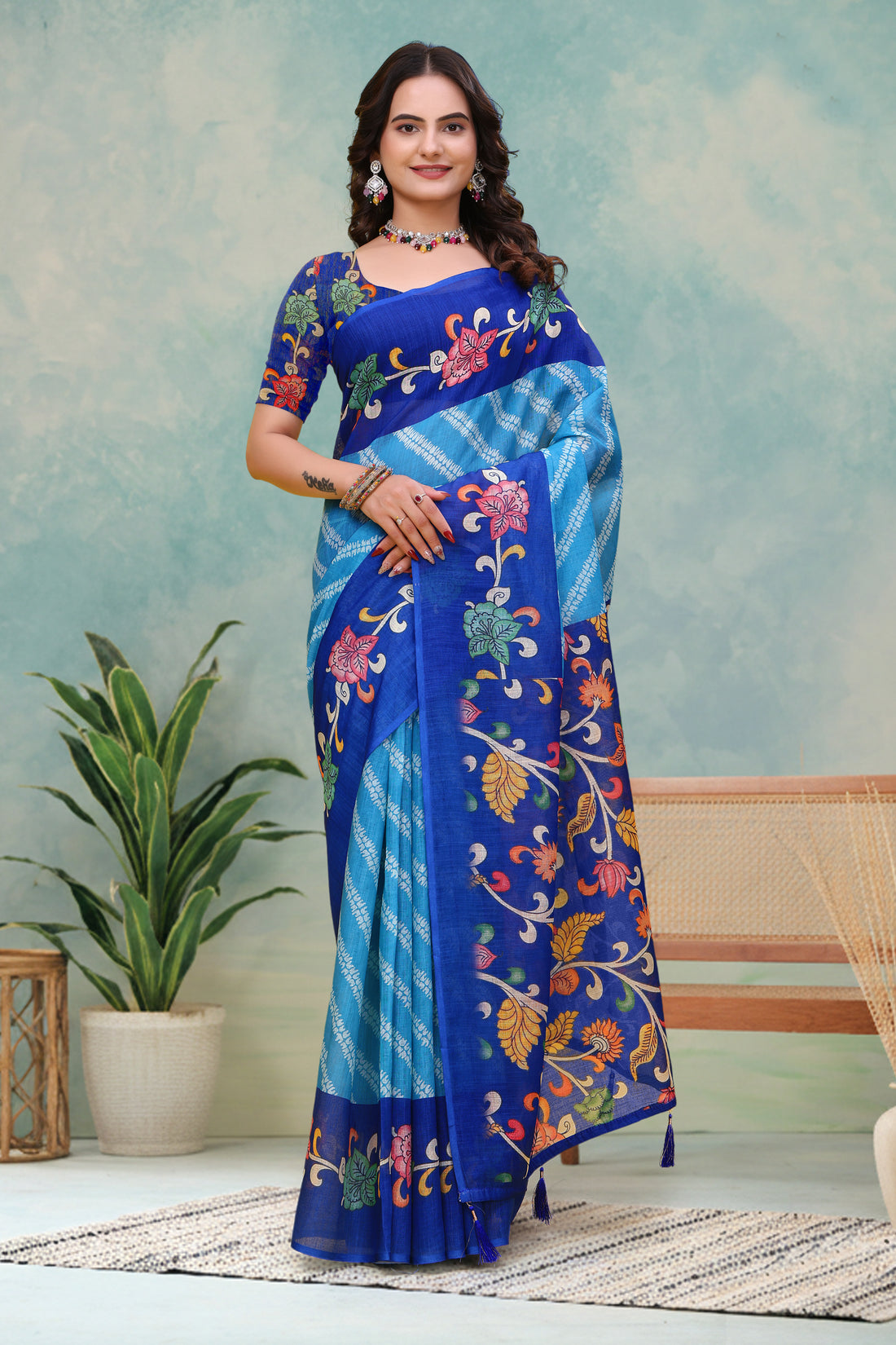 Royal Blue Floral Print Linen Cotton Saree for Women