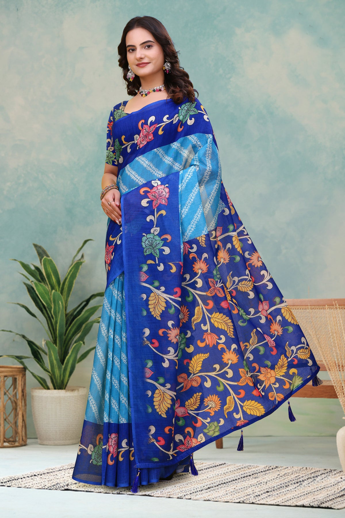 Royal Blue Floral Print Linen Cotton Saree for Women